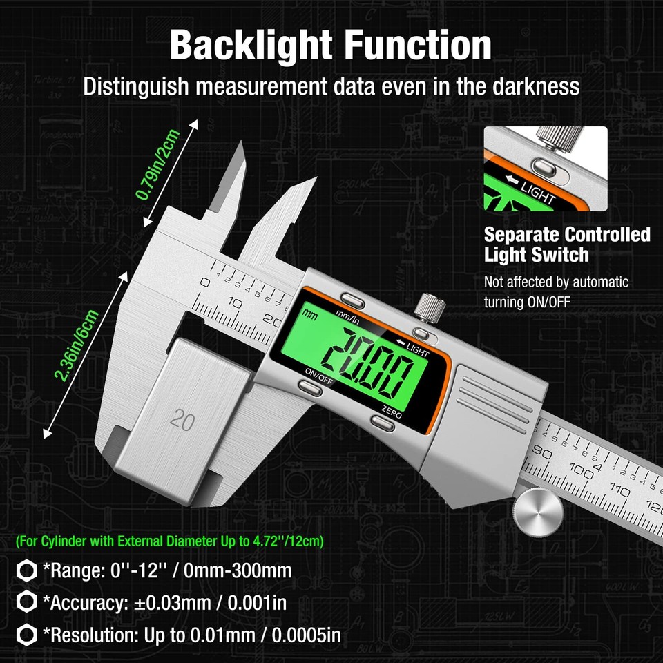 Digital Caliper 12 Inch 300Mm Micrometer Caliper All Stainless Steel