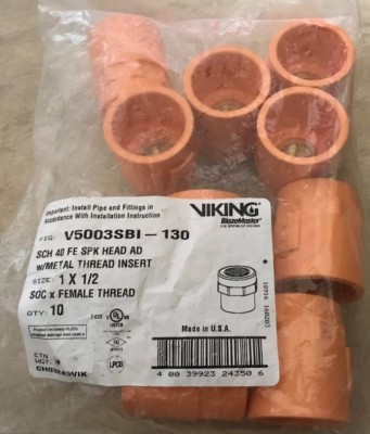 10 Pack Pipe Viking BlazeMaster SCH 40 FE SPK Head Ad w/ Metal Thread Insert NEW