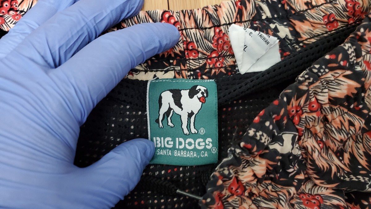 Vintage Big Dogs Swim Trunks Mens XL Black Orange Hawaiian Palm