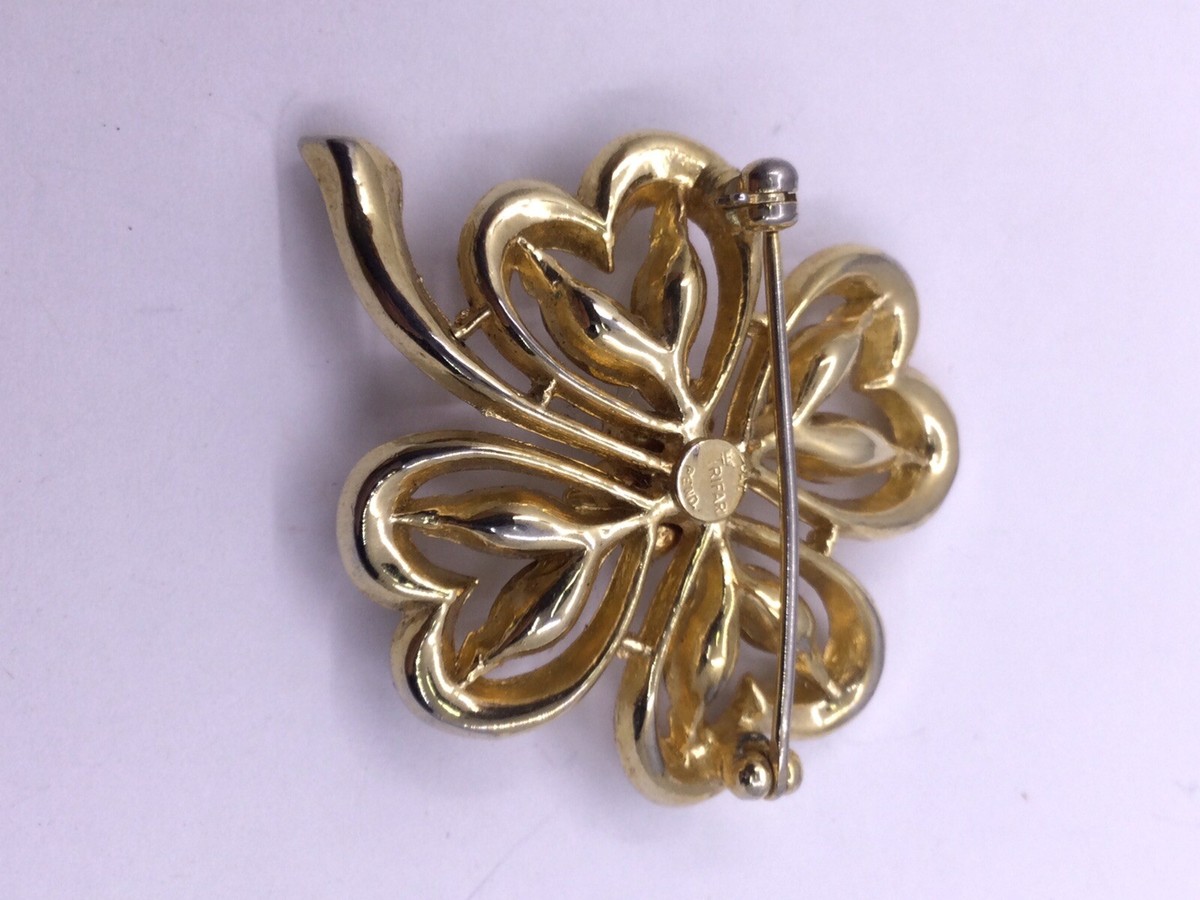 CROWN TRIFARI 4 LEAF CLOVER PIN - GOLDTONE - STONES 1950s
