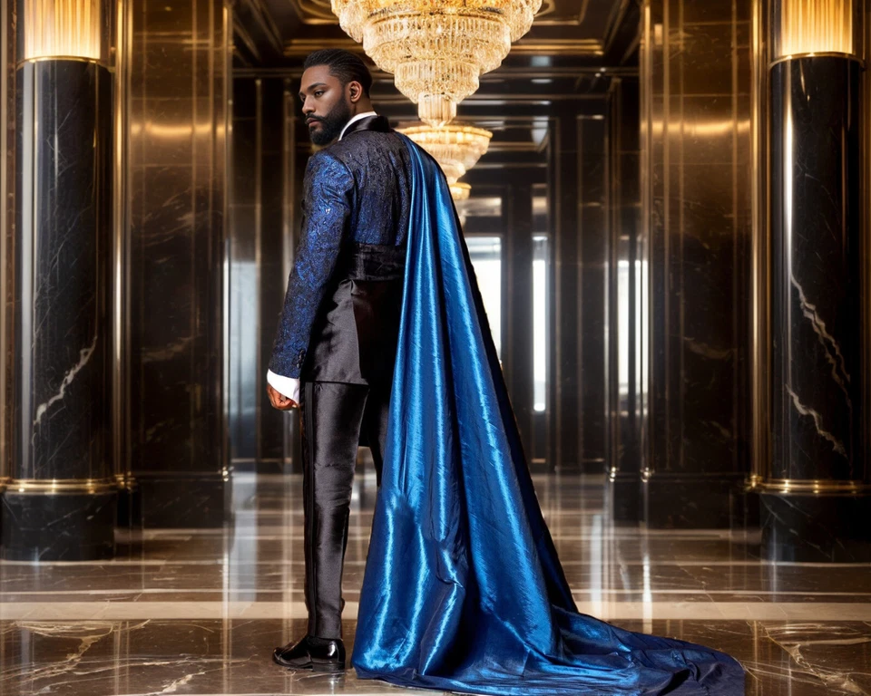 Trajes de satén reales para hombre Chaqueta Pantalón con capa larga Moda Formal Fiesta Ropa Nuevo Foto 4 de 4