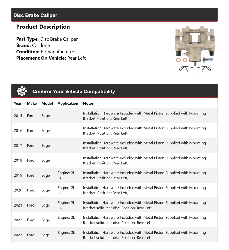 适用于 2015 - 2023 福特 Edge 盘式制动卡钳 左后 Cardone 2016 2017 2019 — 第 2/4 张图片
