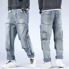 Fashion Mens Denim Baggy Jeans Hip Hop Cargo Pants Loose Trouser Casual Wide Leg