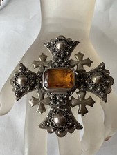 Amazing Antique Vintage Jerusalem Crusaders Cross Sterling Silver Citrine BROOCH