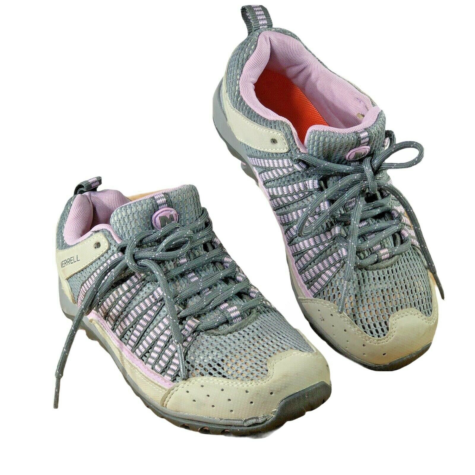 Scarpe da trekking su ghiaccio da donna Merrell taglia 6 orchidea fioritura grigio e rosa stringate