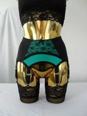 Large 14 Strap Black Green Lycra Arch Lace Sexy Designer Retro Suspender Belt