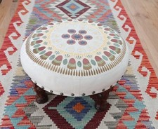 Pretty Embroidered Indian Footstool Arts & Crafts Style Pattern Dark Wooden Legs