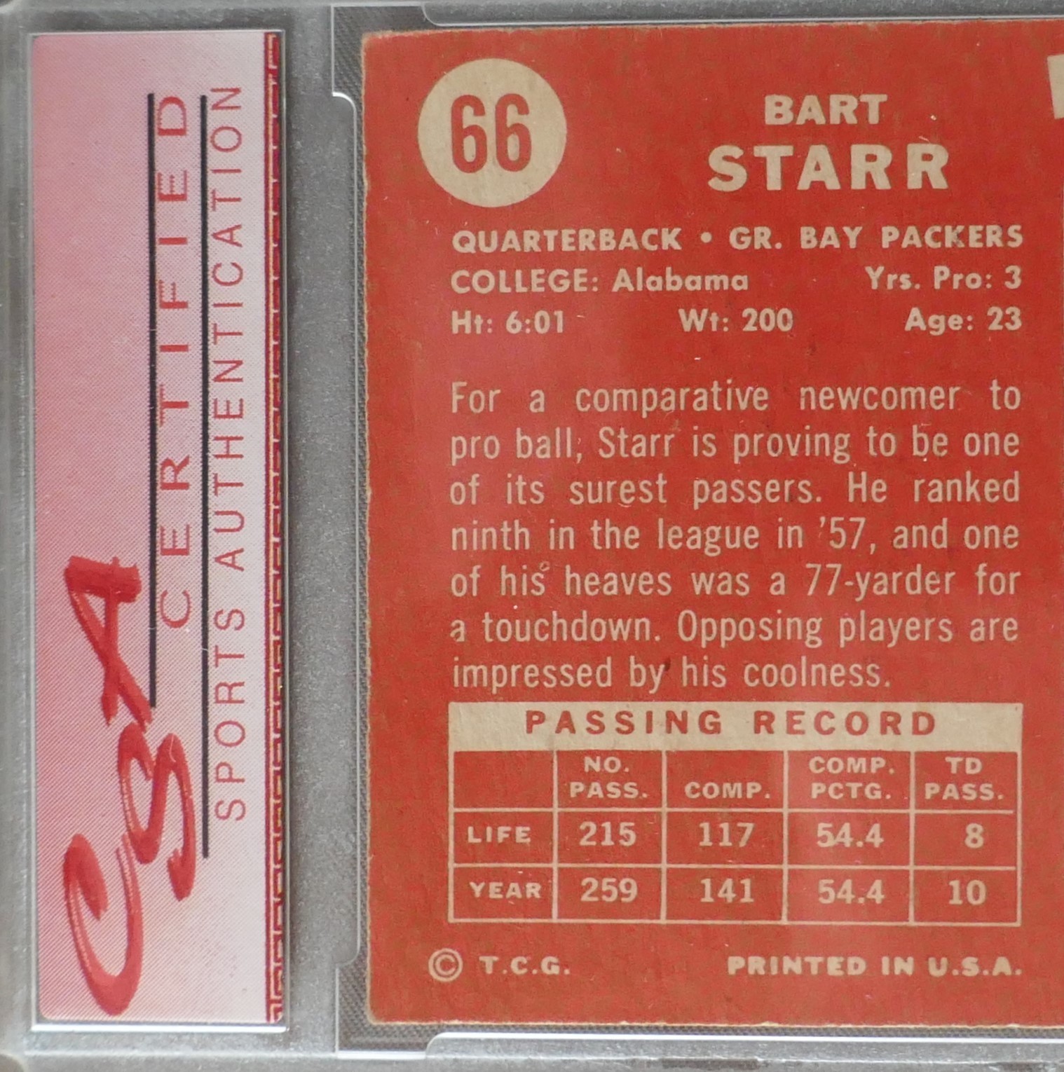 Vintage 1958 Topps Bart Starr Green Bay Packers Football Card  CSA 7 NM -Not PSA view 5