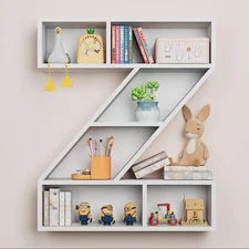 White Wooden Letter Z Shelf - Floating Kids Bookshelf Wall Mounted, Z Letter ...