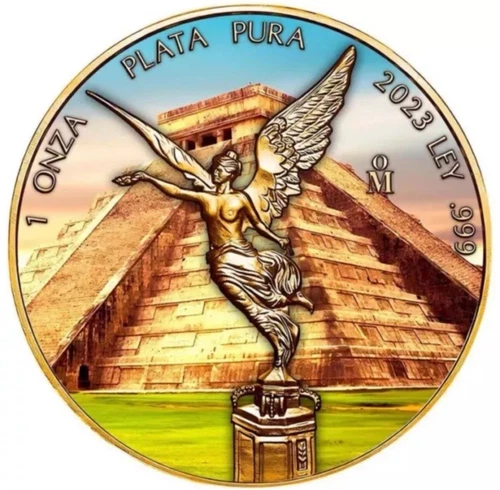 2023 Mexico Libertad 1 oz Silver Coin BU 24K Gold Chichen Itza Colorized LTD 100