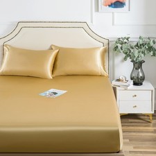 1 PCS Full Satin Fitted Sheet Only Ultra Soft Deep Pocket Silk Bottom Gold