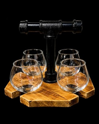 Industrial Metal Pipe & Rustic Burnt Wood Beer/Whiskey Flight Set with 4 Glasses