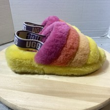 UGG Fluff Yeah Women s US 7 Slide Slipper Faux Fur Rainbow Striped Logo Strap
