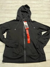 NWT Danskin Womens Black Double Collar Full Zip Pockets Comfy Hooded Jacket Sz M