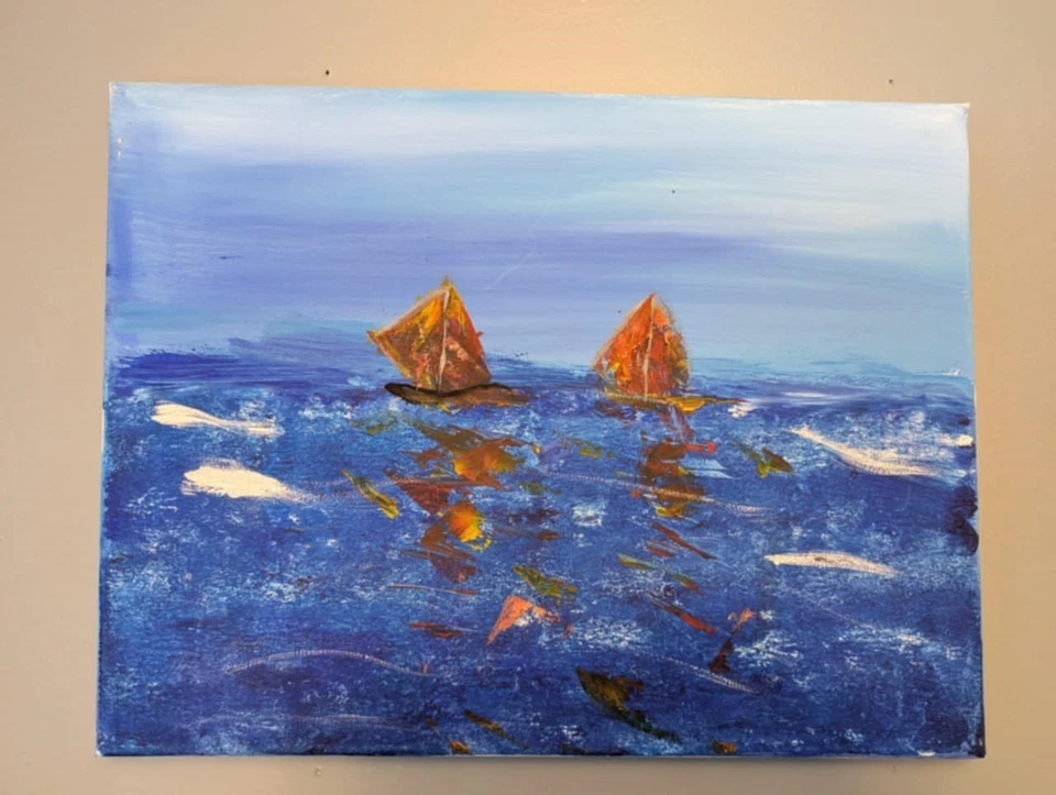 Cuadro acrílico velero abstracto sobre lienzo 12x16 original de Mark Thompson Foto 3 de 4