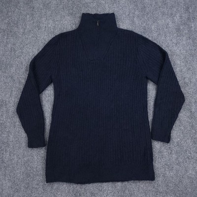 LL Bean Sweater Womens Medium Blue 1/4 Zip Wool Nylon Blend Mock Neck Ribbed