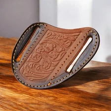 Leather Engraved Pancake Fix Blade Knife Belt Sheath Folding Pocket Knife