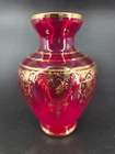 Vintage Vecchia Murano Italy Red Glass Bud Vase w/ 24k Gold Floral 5"