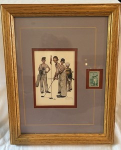 Framed Norman Rockwell "Missed" Print & Bobby Jones Collectible Golf Stamp