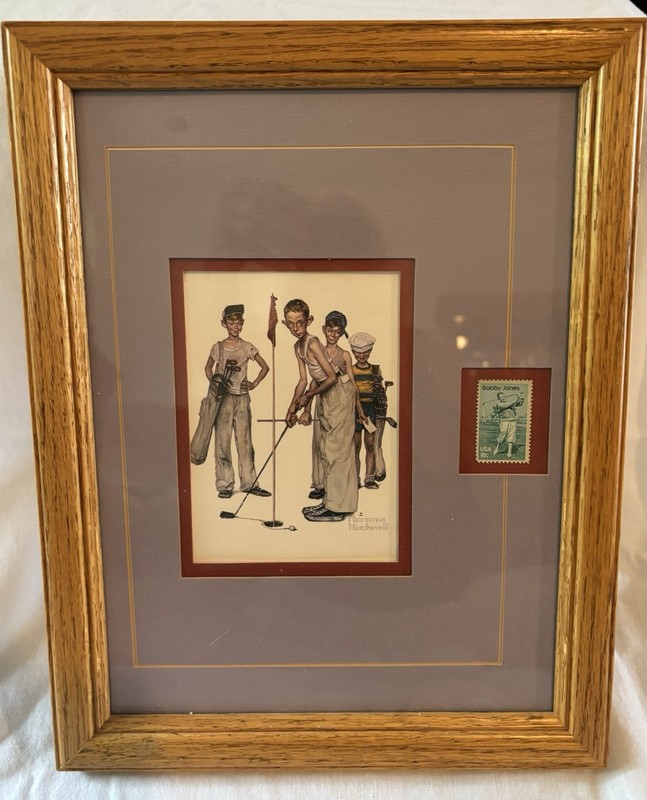 Framed Norman Rockwell "Missed" Print & Bobby Jones Collectible Golf Stamp
