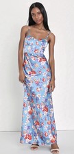 Lulus Botanical Beauty Blue Floral Print Satin Bustier Maxi Dress Size XL