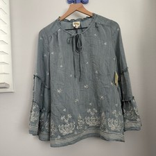 Fig  Flower Medium NEW Floral Embroidered Blouse Slate Blue Boho Peasant Bell