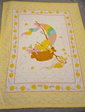 VTG 90s Care Bears Baby Blanket Yellow Sunshine Bear Crib Quilt Cotton 44  X35  