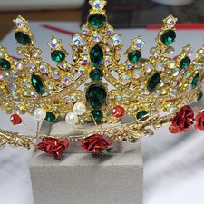 Baroque Emerald Green Rhinestone AB Crystal Tiara Gold Crown Red Rose Bridal