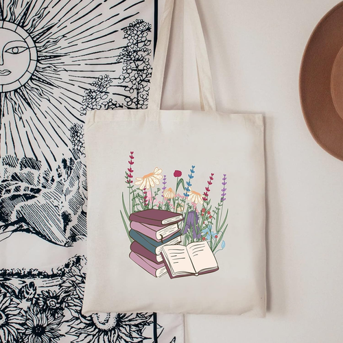 Book Cute Canvas Tote Bag with Zipper Pockets Aesthetic Flower Tote Bags Graphic - Picture 2 of 12