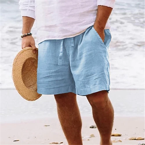 Herren Baumwolle Leinen Shorts Sommer Strand Kordelzug Taille kurze Hose - Bild 12 von 28