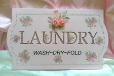 Shabby Chic Victorian~Wooden LAUNDRY Sign~PINK w/Rose Design~Pearl Accents