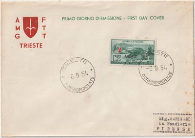 ITALY 1954 TRIESTE A 25L TOURING CLUB SU F.D.C. FOR FLORENCE