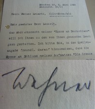 Writer Josef Magnus Wehner: Ms. Letter Munich 1933 to Werner Lenartz