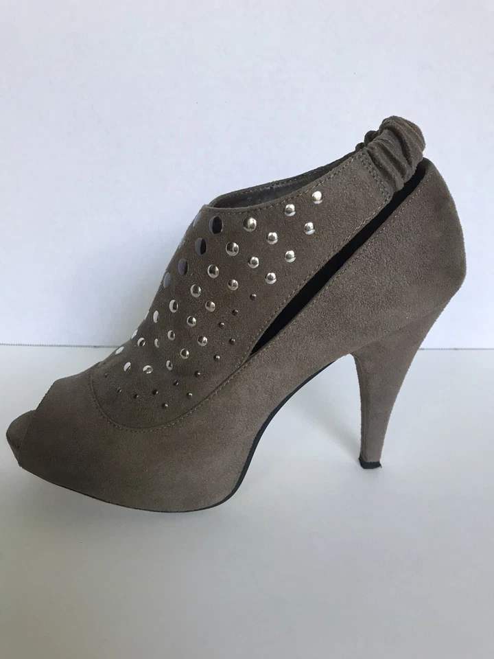 Mujer Tacón Tachuela Sandalia Botines Punta abierta Eslinga Espalda Imitación Gamuza Taupe Talla 10 Foto 2 de 4