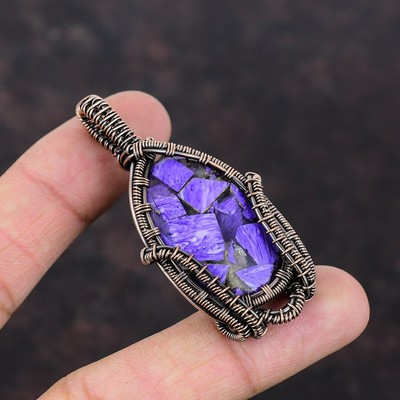 Womens day Deal Oval Copper Russian Charoite Stone Wire Wrapped Pendant Copper