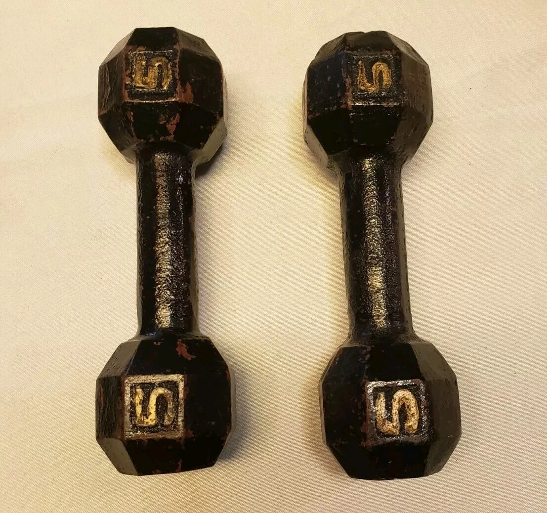 Vintage Solid Iron Dumbbell Set 2 5 10 Lbs Total Octagonal Heads Rare Weights