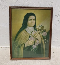FRAMED VINTAGE LITHO ST. THERESE OF LISIEUX JESUS NUN CATHOLIC FLOWER 25" x 19"