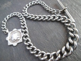 31g CHUNKY Vintage Silver Tone Albert Pocket Watch Chain HM Solid Silver Fob