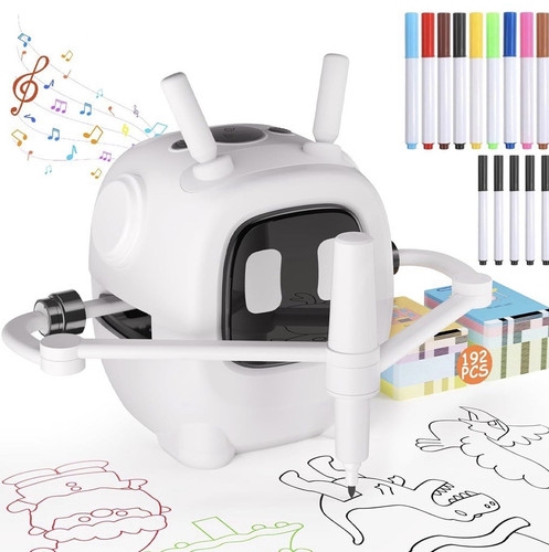 Kids Drawing Robot Learning Toy Set w/ 192 Drawing Cards & Markers, Ages 4-10