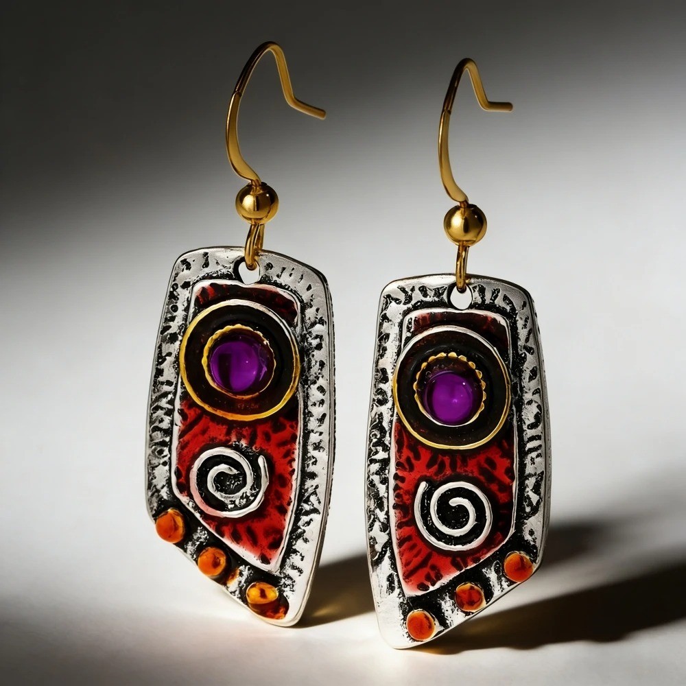 Pendientes Bohemios Retro Piedra Púrpura Rectángulos Ligeros Joyería Étnica Mujer