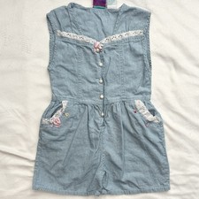 Vintage Chambray Short Romper Lace Trim Pearl Button Flowers Cotton Girls 6/6X