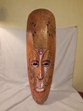Vintage Wooden Hand Carved Tribal Mask Wall Art 19 Inches Tall Floral