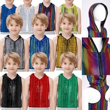 Kids Boys Vest Sparkly Waistcoat Hooded Jacket Dance Festival Racer-Back Shirt