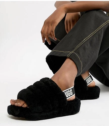 UGG Australia Fluff Yeah donna taglia US 9 sandali neri ciabatte morbide accoglienti