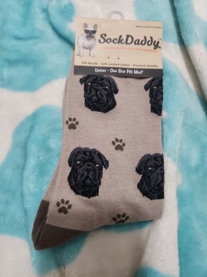 SockDaddy Pug Crew Socks Unisex Black Pug OS Taupe Gray Dog Print