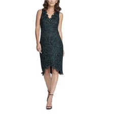 NWT Eliza J Green Black Floral Lace Scalloped V-Neck Sheath Dress - Size 8
