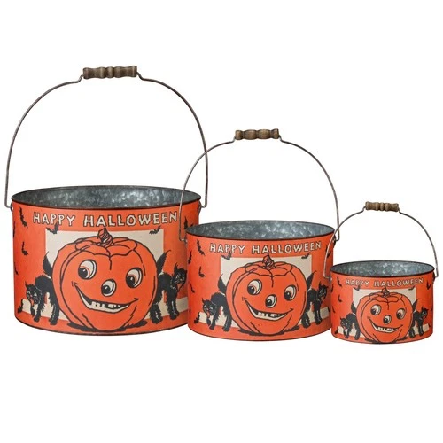 Primitives by Kathy Happy Halloween Retro Pumpkin Bucket Set 3 Black Cat Decor