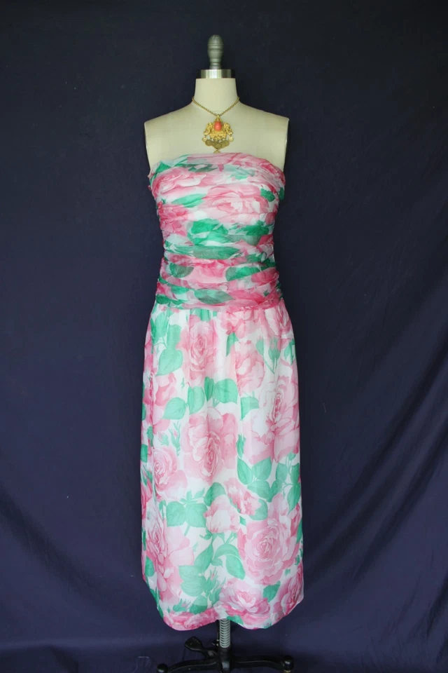 Maxi Vestido ALBERT NIPON By Night Vintage Años 80 Rosa Seda Organza Sin Tirantes Foto 2 de 4