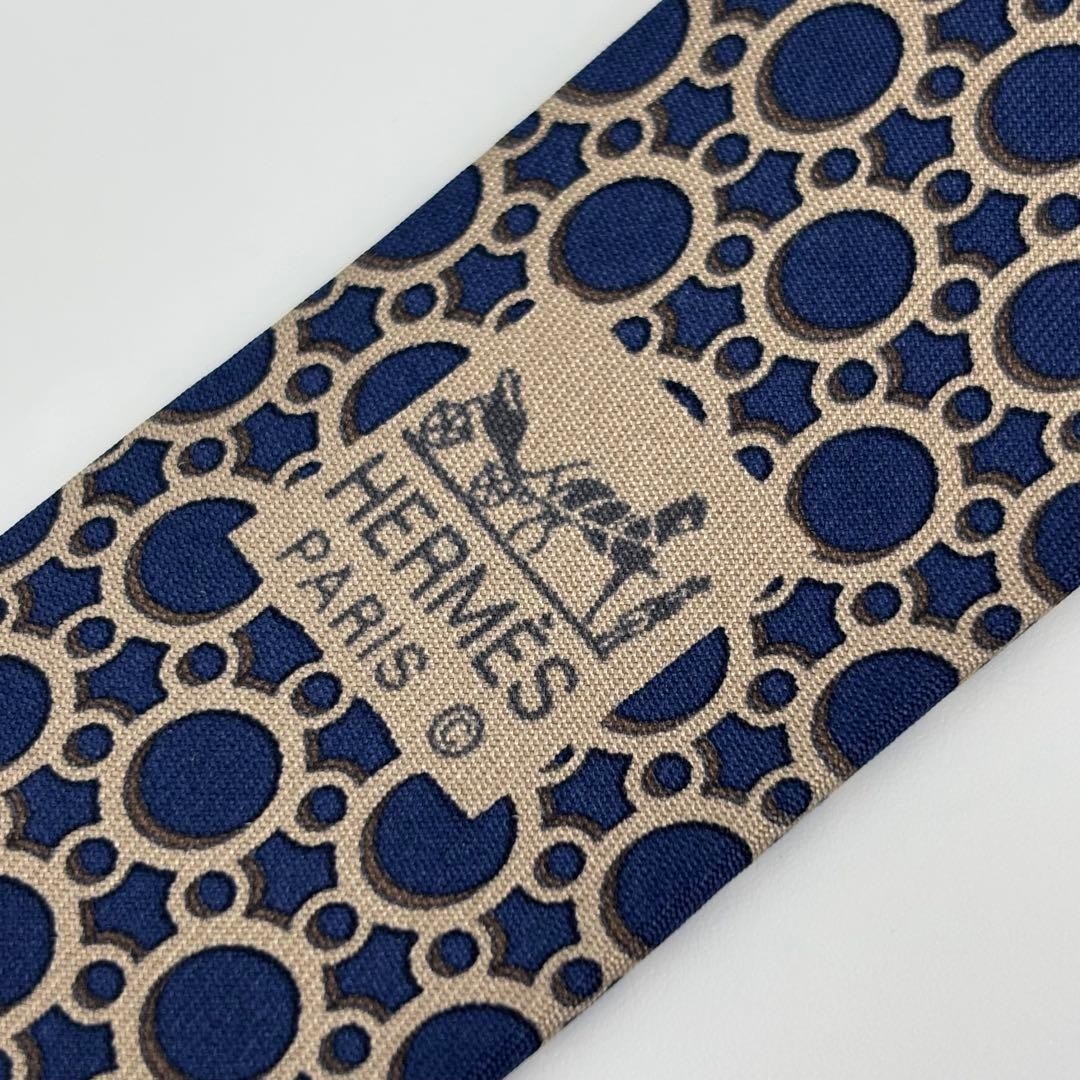 HERMES tie circular pattern navy silver SILK 100% - image 8