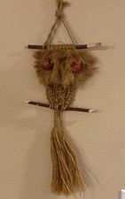 Vintage 1970's Gold Jute Rope Macrame Owl Wall Hanging On a Limb-26" Total Len.